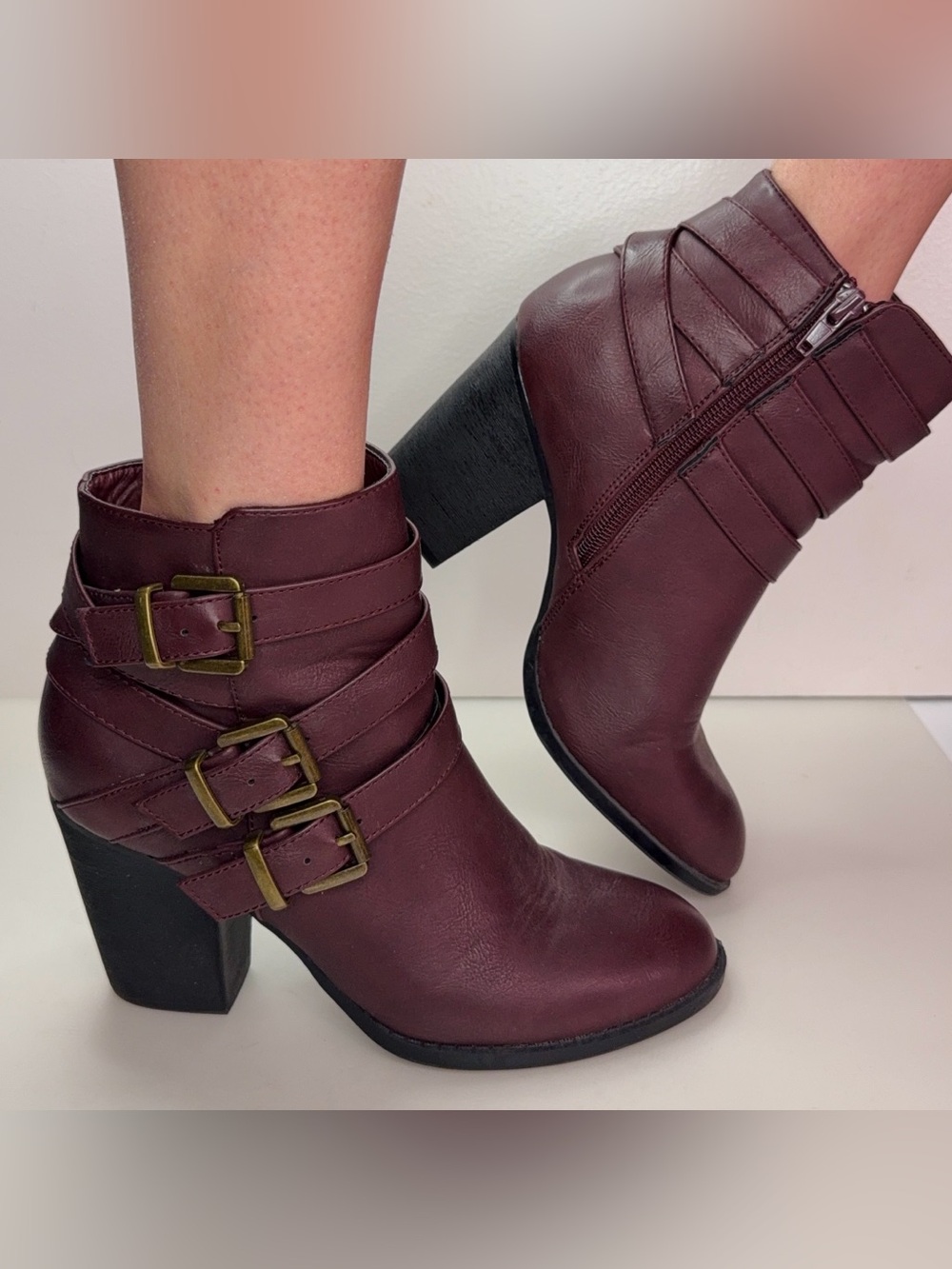 JustFab Women’s Grecia Ankle Boots with Triple Buckle - Burgundy